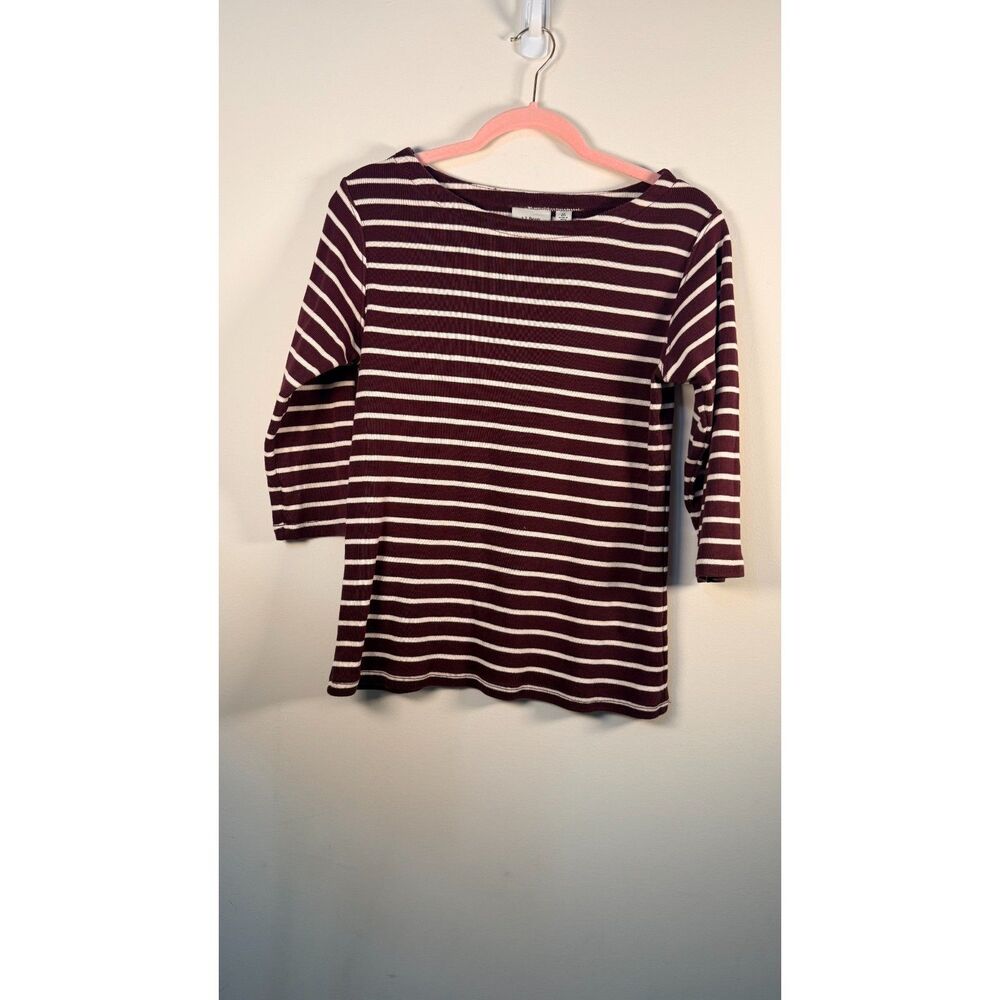 LL Bean Maroon and White Striped 3/4 Length Top - Medium